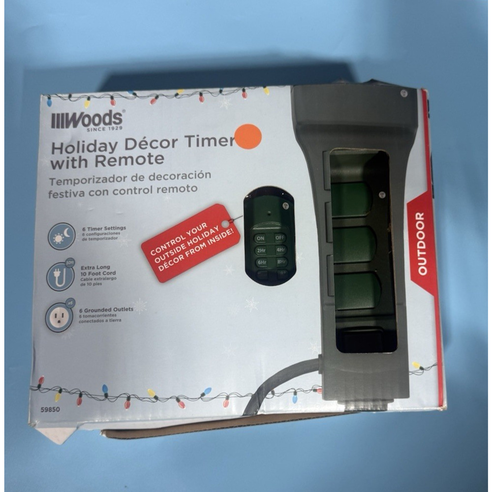 Woods 59850 Timer Yard Stake & Remote, 10ft, 6 Grounded Outlets damage box